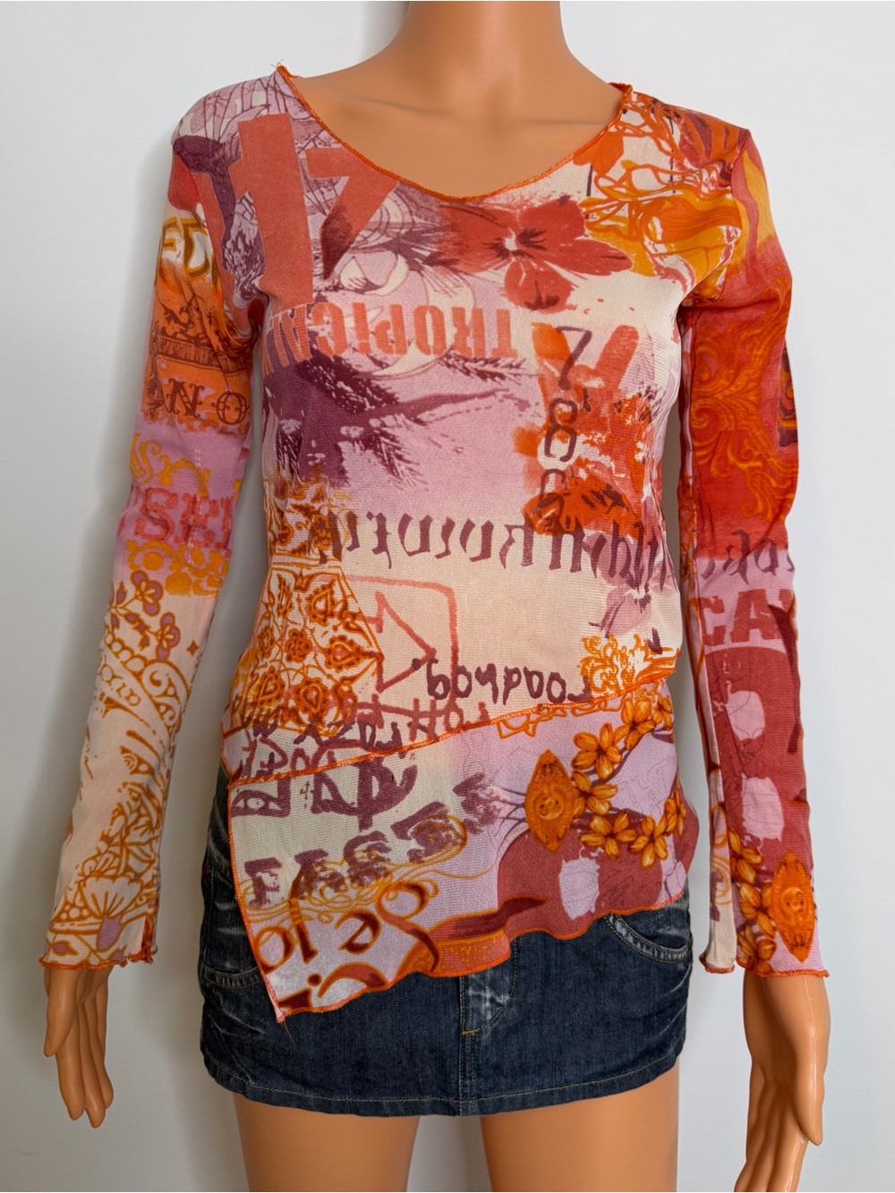 Vintage Jofrati Mesh Asymmetrical Top Tropical Print